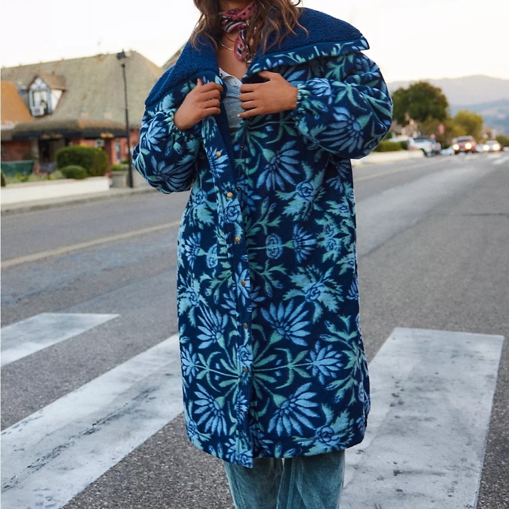 Free People Blue Floral Sherpa Coat